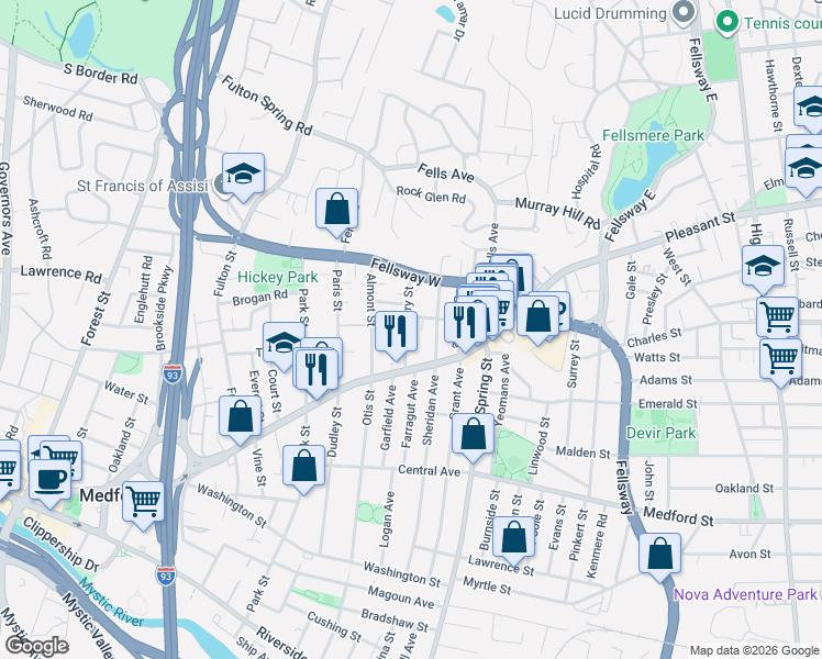 map of restaurants, bars, coffee shops, grocery stores, and more near 164 Sheridan Avenue in Medford