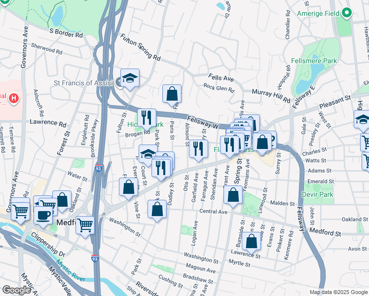 map of restaurants, bars, coffee shops, grocery stores, and more near 35 Paris Street in Medford