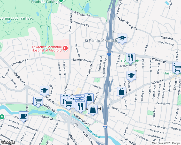 map of restaurants, bars, coffee shops, grocery stores, and more near 23 Woodrow Avenue in Medford
