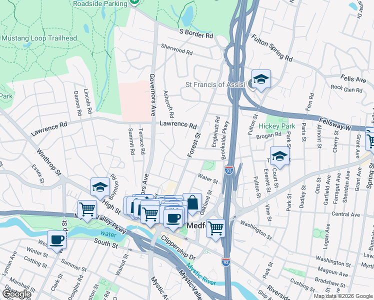 map of restaurants, bars, coffee shops, grocery stores, and more near 116 Forest Street in Medford