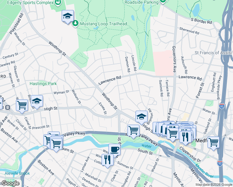 map of restaurants, bars, coffee shops, grocery stores, and more near 42 Rural Avenue in Medford