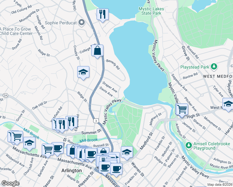 map of restaurants, bars, coffee shops, grocery stores, and more near 39 Davis Avenue in Arlington