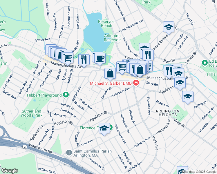 map of restaurants, bars, coffee shops, grocery stores, and more near 36 Tanager Street in Arlington