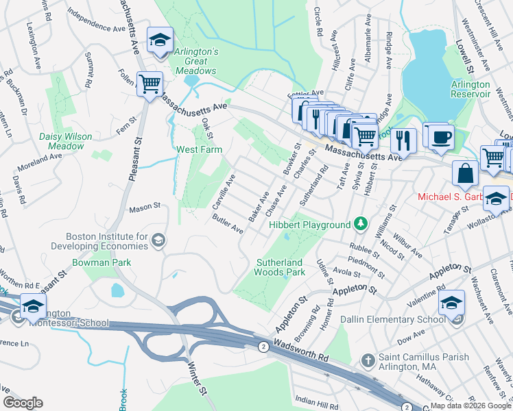 map of restaurants, bars, coffee shops, grocery stores, and more near 51 Baker Avenue in Lexington