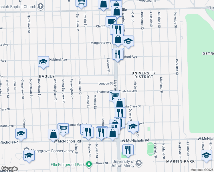 map of restaurants, bars, coffee shops, grocery stores, and more near 6998 Thatcher Street in Detroit