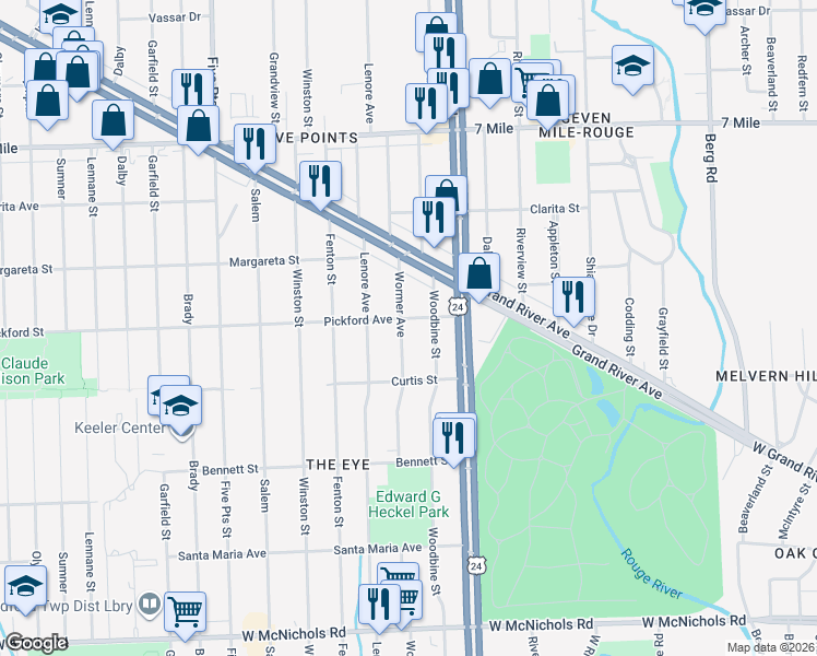 map of restaurants, bars, coffee shops, grocery stores, and more near 18282 Wormer in Detroit