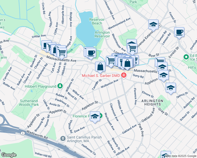 map of restaurants, bars, coffee shops, grocery stores, and more near 36 Tanager Street in Arlington
