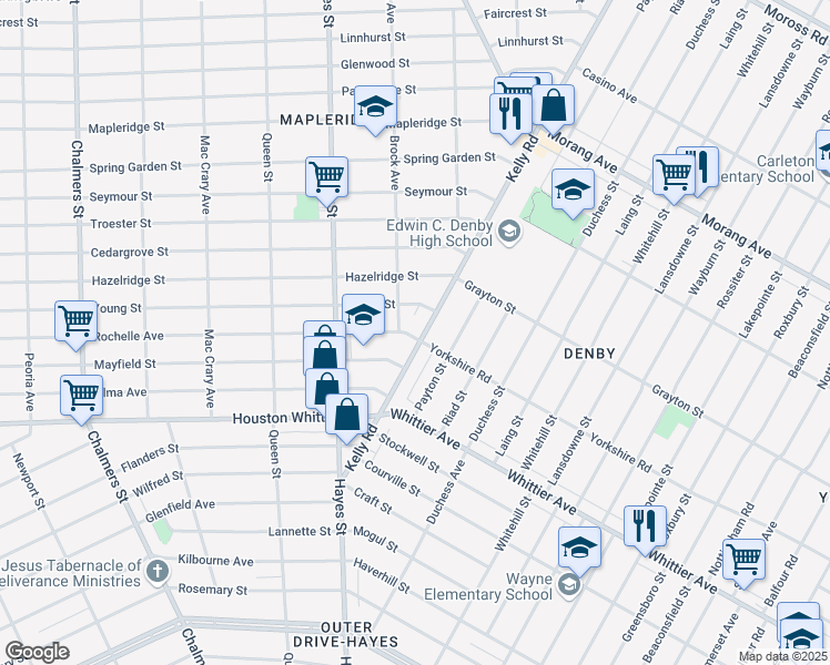 map of restaurants, bars, coffee shops, grocery stores, and more near 12605 Kelly Road in Detroit