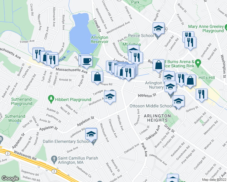 map of restaurants, bars, coffee shops, grocery stores, and more near 4 Wollaston Avenue in Arlington
