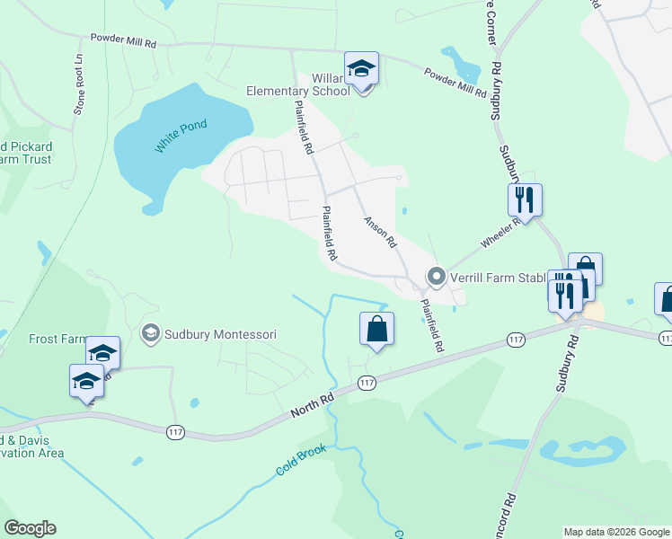 map of restaurants, bars, coffee shops, grocery stores, and more near 290 Plainfield Road in Concord