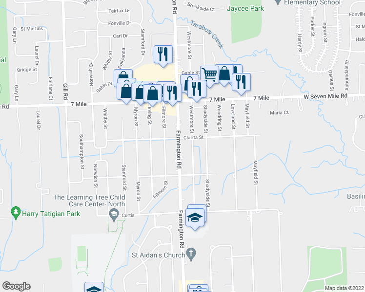 map of restaurants, bars, coffee shops, grocery stores, and more near 18770 Farmington Road in Livonia