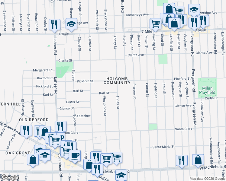 map of restaurants, bars, coffee shops, grocery stores, and more near 21126 Karl Street in Detroit