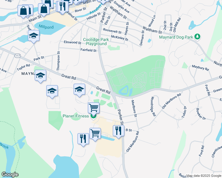 map of restaurants, bars, coffee shops, grocery stores, and more near 92 Parker Street in Maynard
