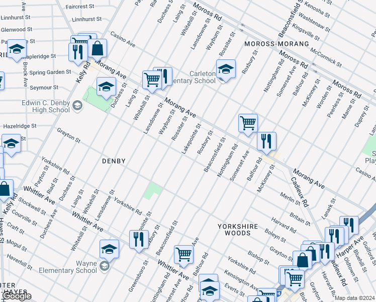 map of restaurants, bars, coffee shops, grocery stores, and more near 11420 Lakepointe Street in Detroit