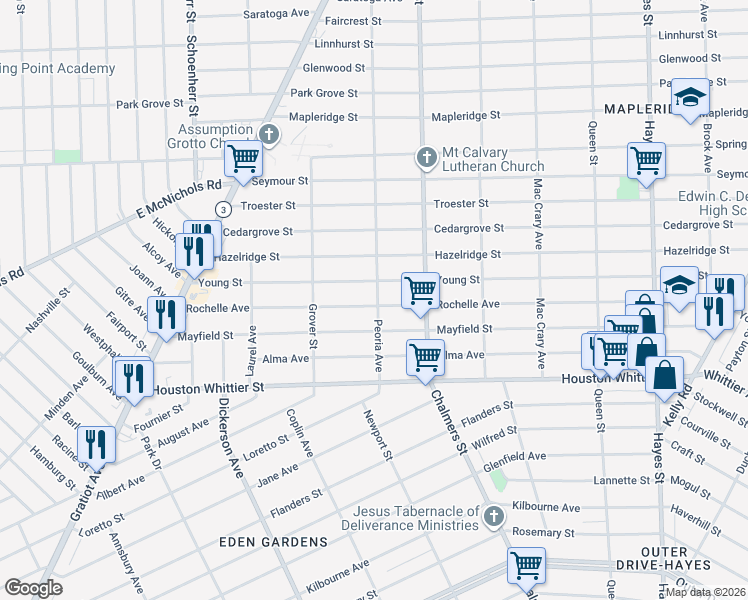 map of restaurants, bars, coffee shops, grocery stores, and more near 14190 Rochelle Avenue in Detroit