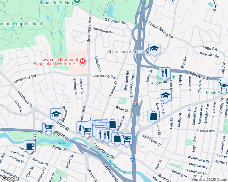 map of restaurants, bars, coffee shops, grocery stores, and more near 129 Forest Street in Medford