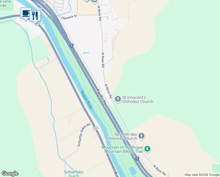 map of restaurants, bars, coffee shops, grocery stores, and more near 4778 North River Road in Gold Hill