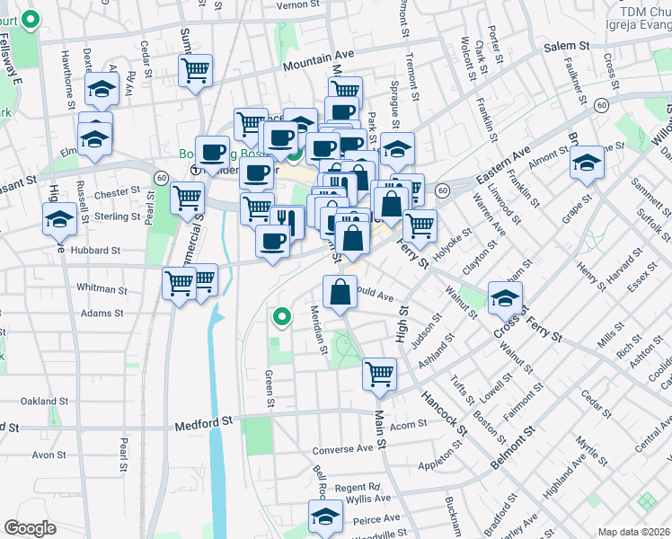 map of restaurants, bars, coffee shops, grocery stores, and more near 237 Main Street in Malden