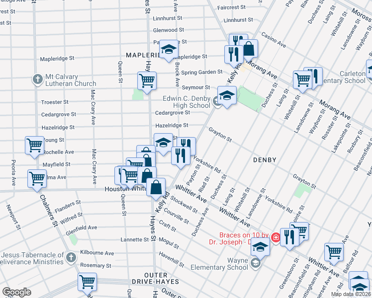 map of restaurants, bars, coffee shops, grocery stores, and more near 12605 Kelly Road in Detroit