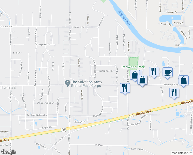map of restaurants, bars, coffee shops, grocery stores, and more near 1459 Southwest Kellenbeck Avenue in Grants Pass