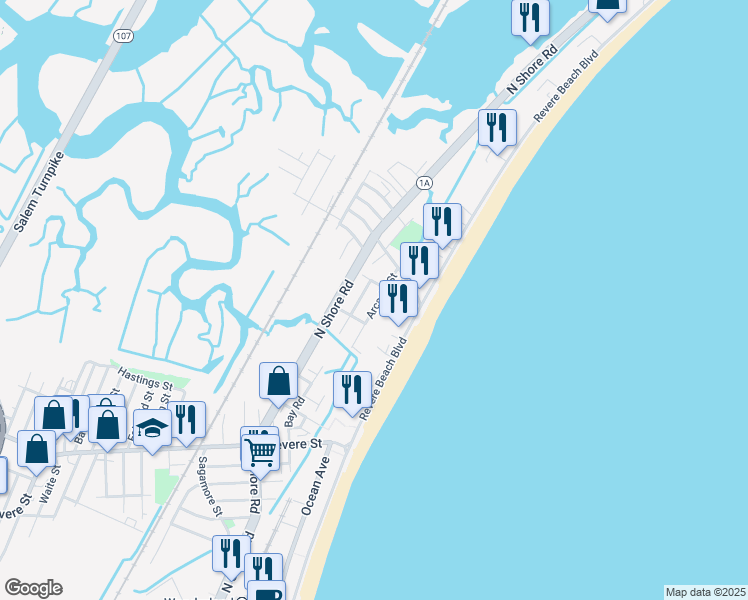 map of restaurants, bars, coffee shops, grocery stores, and more near 48 Arcadia Street in Revere