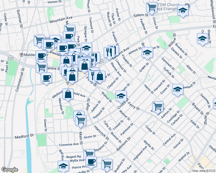 map of restaurants, bars, coffee shops, grocery stores, and more near 8 Magnolia Street in Malden