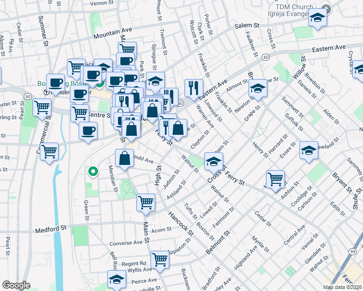 map of restaurants, bars, coffee shops, grocery stores, and more near 245 Ferry Street in Malden