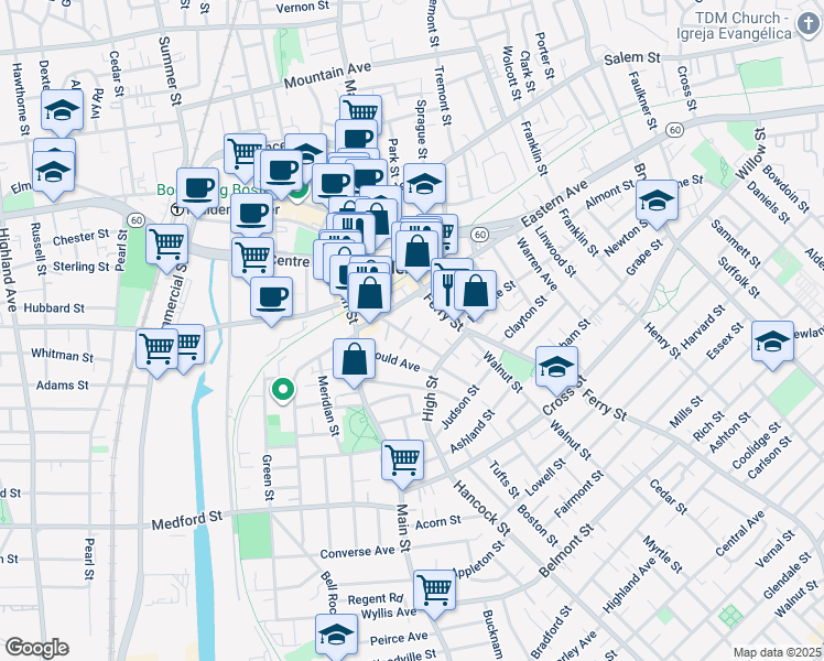 map of restaurants, bars, coffee shops, grocery stores, and more near 25 Hillside Avenue in Malden