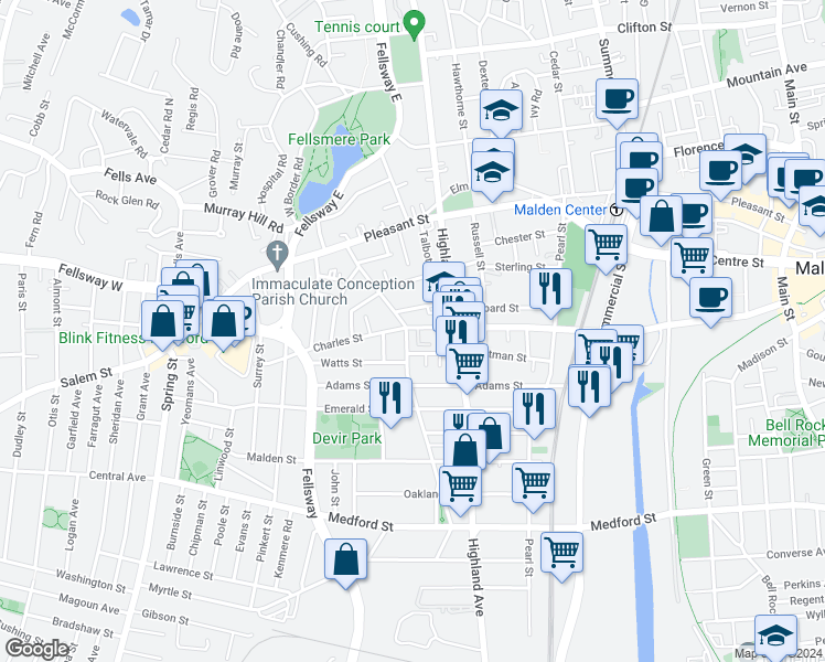 map of restaurants, bars, coffee shops, grocery stores, and more near 360 Charles Street in Malden