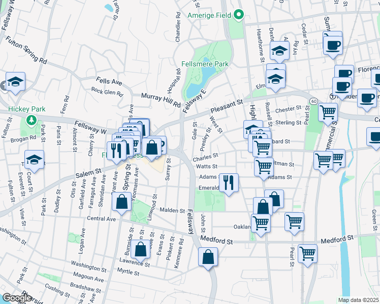 map of restaurants, bars, coffee shops, grocery stores, and more near in Malden