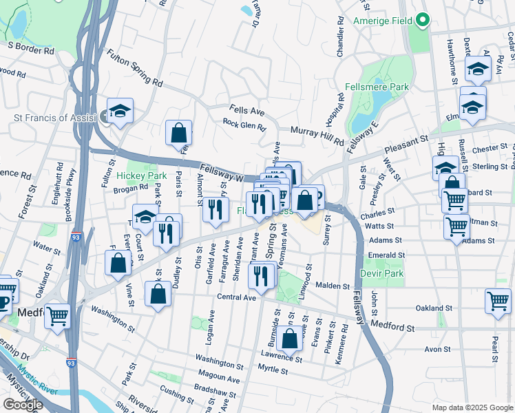 map of restaurants, bars, coffee shops, grocery stores, and more near 163 Grant Avenue in Medford