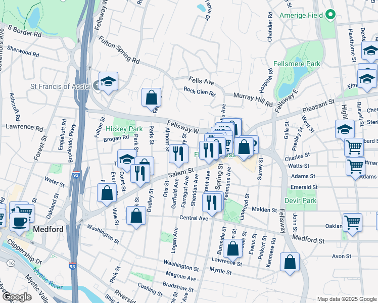 map of restaurants, bars, coffee shops, grocery stores, and more near 164 Sheridan Avenue in Medford