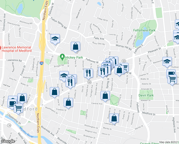 map of restaurants, bars, coffee shops, grocery stores, and more near 27 Almont Street in Medford