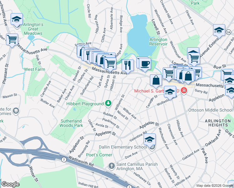 map of restaurants, bars, coffee shops, grocery stores, and more near 84 Hibbert Street in Arlington