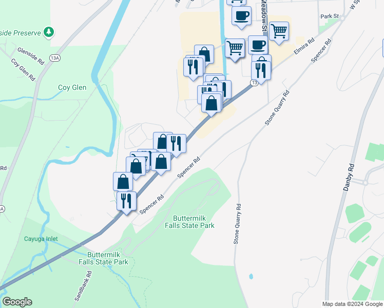 map of restaurants, bars, coffee shops, grocery stores, and more near 601 Spencer Road in Ithaca