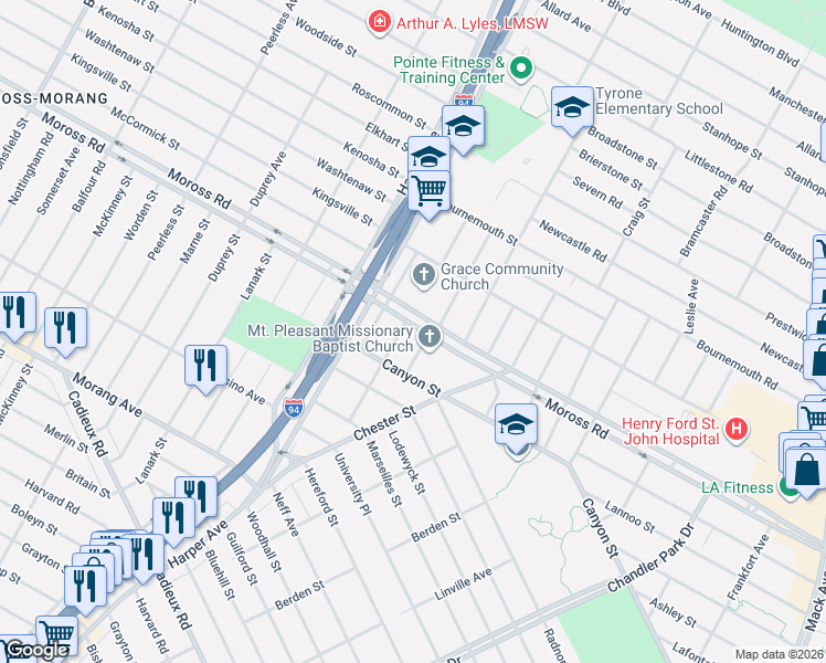 map of restaurants, bars, coffee shops, grocery stores, and more near 18942 Rockcastle Street in Grosse Pointe