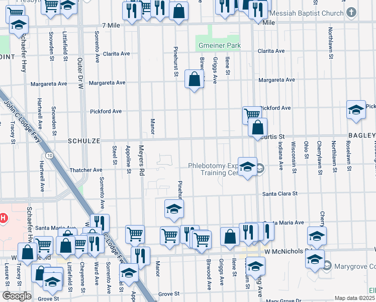 map of restaurants, bars, coffee shops, grocery stores, and more near 18046 Mendota Street in Detroit