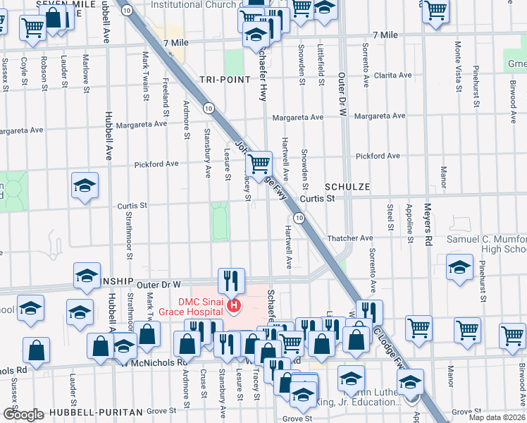 map of restaurants, bars, coffee shops, grocery stores, and more near 18066 Tracey Street in Detroit