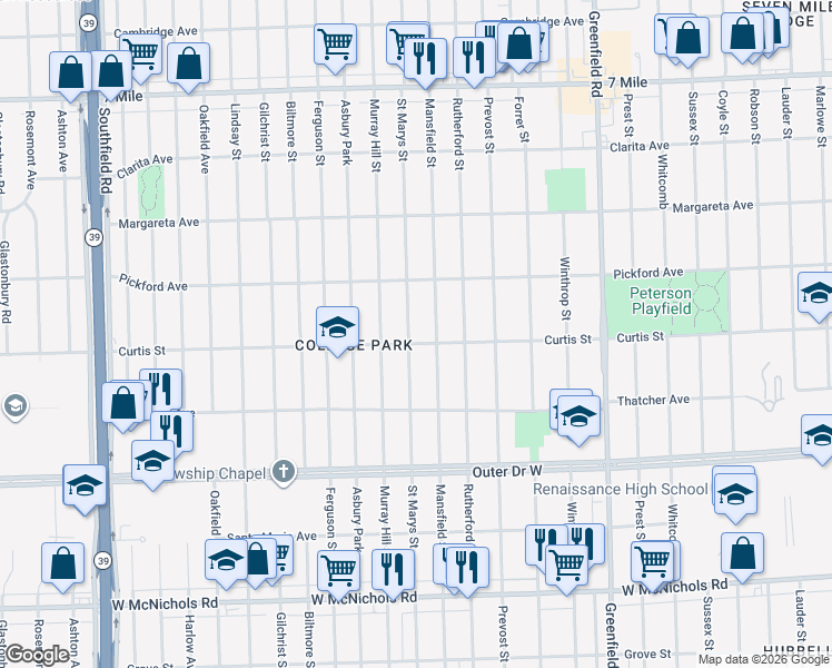 map of restaurants, bars, coffee shops, grocery stores, and more near 16117 Curtis Street in Detroit