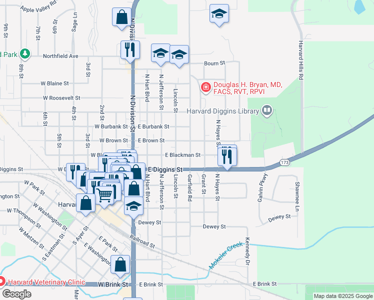 map of restaurants, bars, coffee shops, grocery stores, and more near 601 Lincoln Street in Harvard