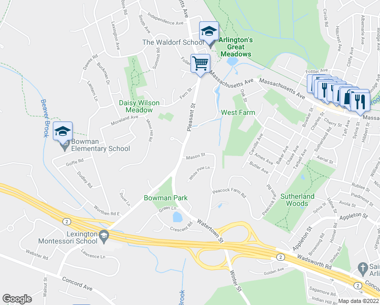 map of restaurants, bars, coffee shops, grocery stores, and more near 27 Mason Street in Lexington