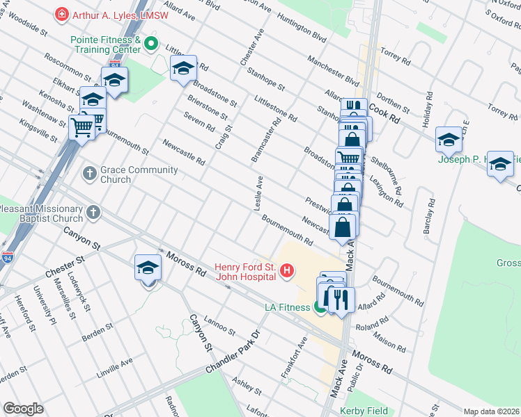 map of restaurants, bars, coffee shops, grocery stores, and more near 1834 Bournemouth Road in Grosse Pointe Woods