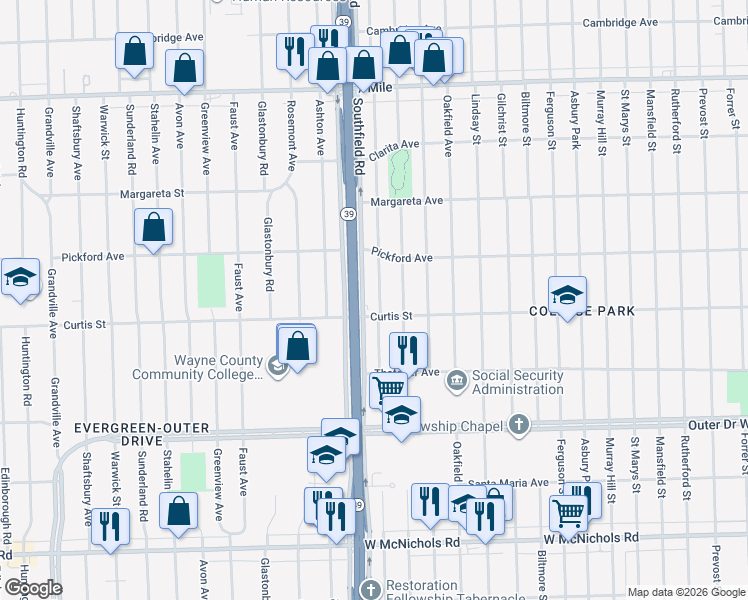 map of restaurants, bars, coffee shops, grocery stores, and more near 17800 Curtis Street in Detroit