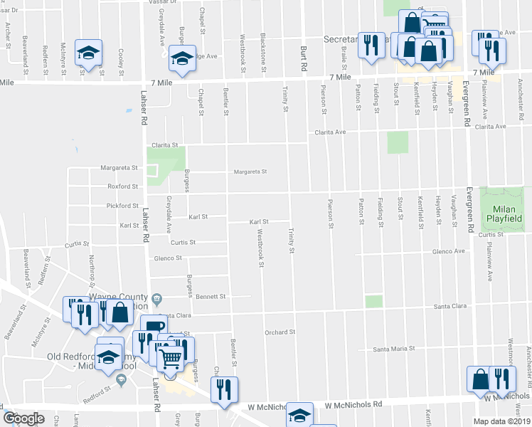 map of restaurants, bars, coffee shops, grocery stores, and more near 21170 Karl Street in Detroit