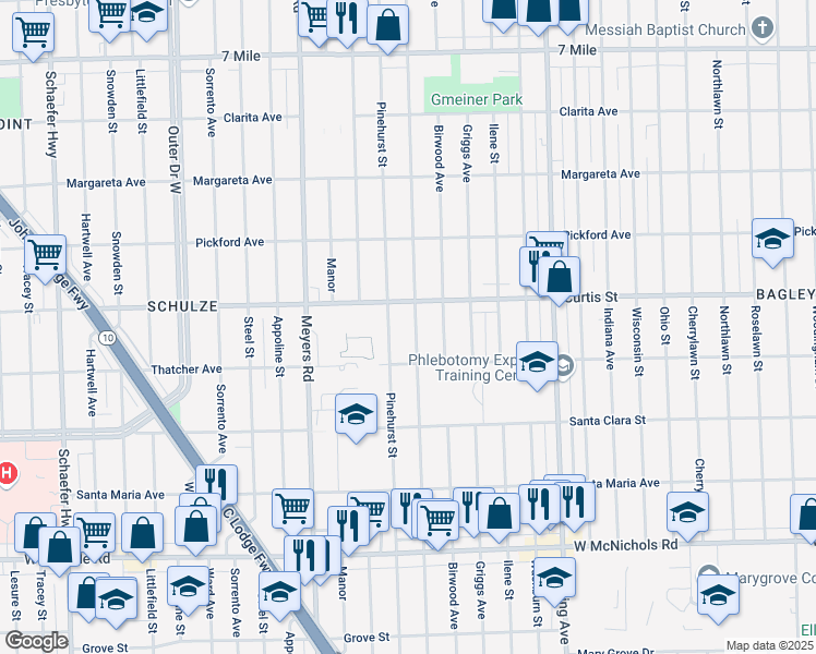 map of restaurants, bars, coffee shops, grocery stores, and more near 18046 Mendota Street in Detroit