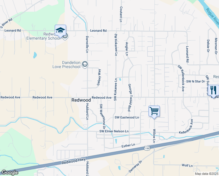 map of restaurants, bars, coffee shops, grocery stores, and more near 1481 Raydean Drive in Grants Pass