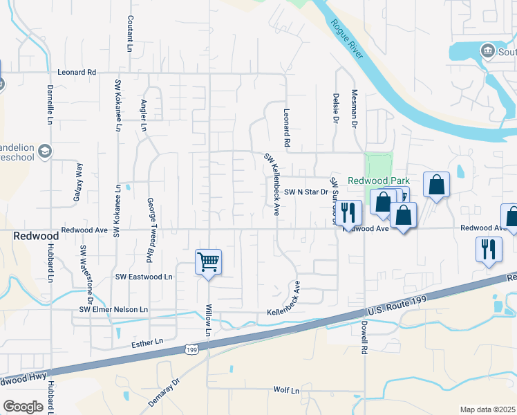 map of restaurants, bars, coffee shops, grocery stores, and more near 1486 Southwest David Drive in Grants Pass