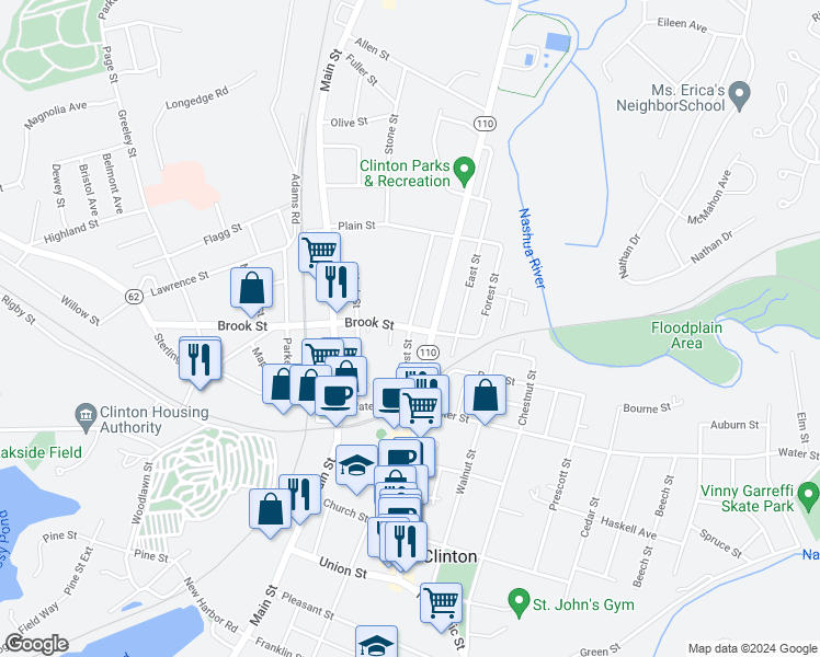 map of restaurants, bars, coffee shops, grocery stores, and more near 500 Brook Street in Clinton