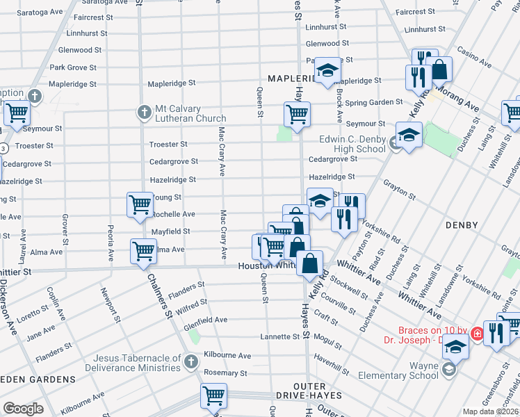map of restaurants, bars, coffee shops, grocery stores, and more near 14900 Rochelle Avenue in Detroit
