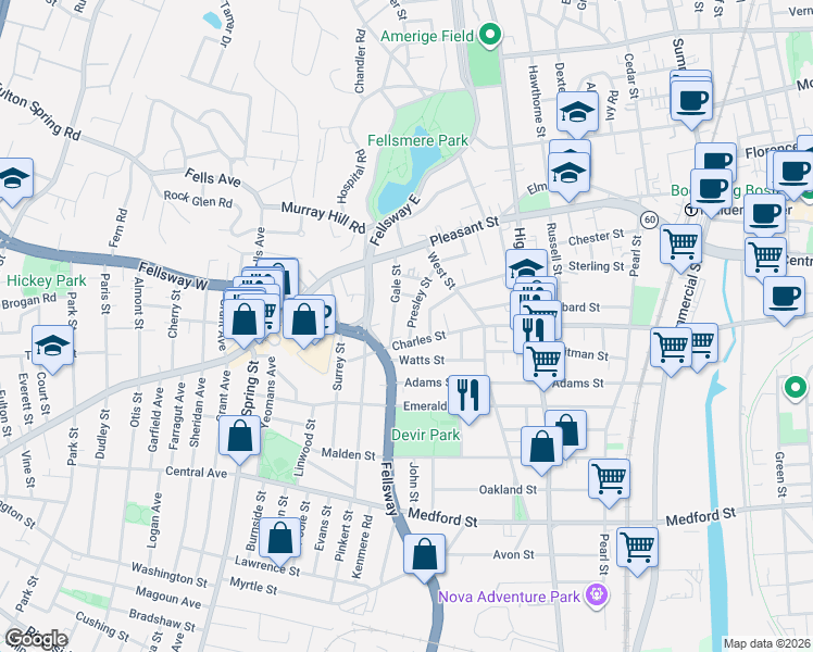 map of restaurants, bars, coffee shops, grocery stores, and more near 421 Charles Street in Malden